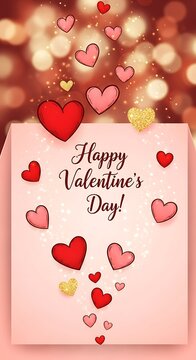A cascade of pink and red hearts floats above a card with "Happy Valentine's Day!" inscription