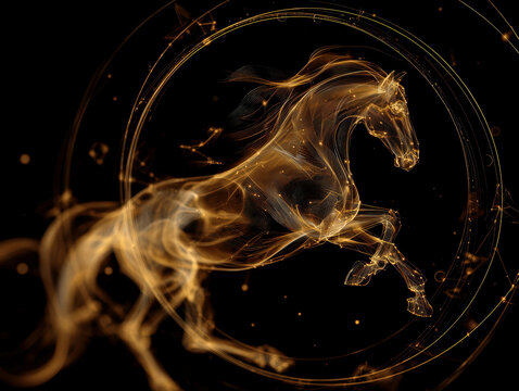 Golden horse symbol, minimalistic background, abstract starburst design, dynamic perspective, detailed muscular form, flowing mane, ethereal golden hue, stylized art, light and shadow e - AI-Generated