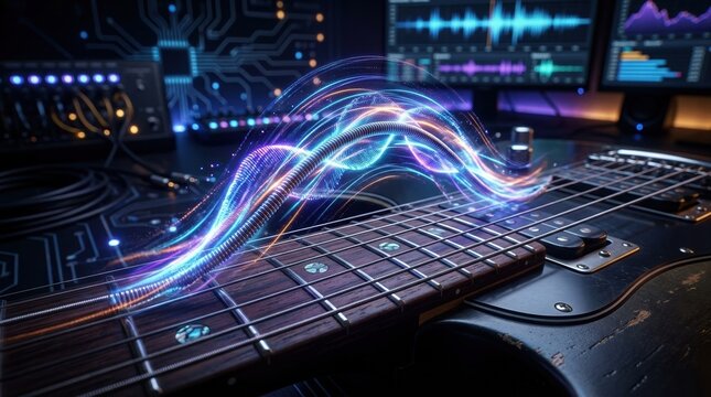 Close-up of a guitar string vibrating with light for modern technology and innovation concepts.