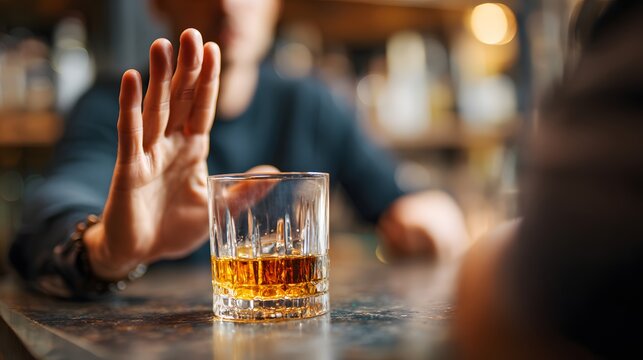 Hand stops drink, scene implies personal choice or refusal of alcohol