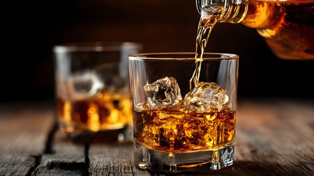 Whiskey being poured into glass with ice cubes