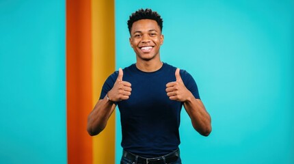 Fototapeta premium Young man showing approval gesture with both hands, variation 54 against vibrant studio backdrop, bright teal studio background,