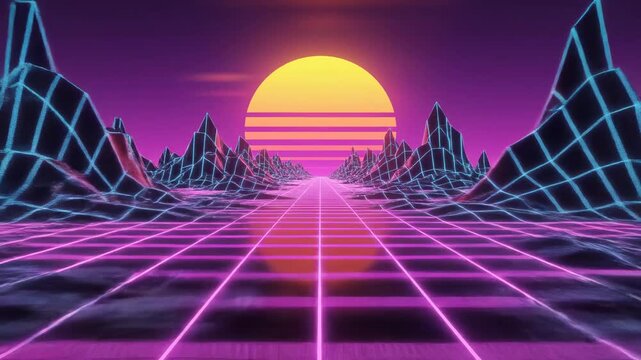 Retro Synthwave Landscape featuring a neon grid floor and a glowing sun over wireframe mountains ideal for music backgrounds and digital wallpaper.