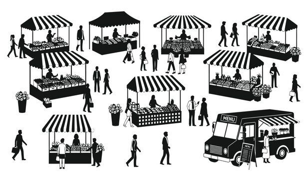 A bustling outdoor farmers market scene depicts vendors selling produce and goods with shoppers browsing all rendered as a striking silhouette high quality professional