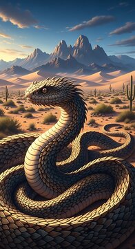 A desert serpent coils in arid landscape beneath towering mountains and a clear sky