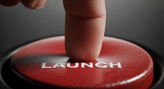 Finger pressing large red button with launch label. Man preparing signal for ballistic missile deployment. Global security threat and nuclear war crisis concept in military operation strategy.