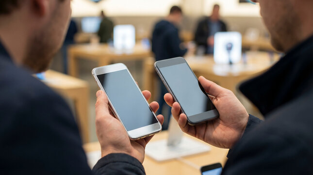 Two men compare different smartphone models in a bright electronics store. Close-up on hands holding sleek mobile devices with blank screens during a shopping decision.