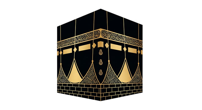 A detailed black and gold illustration of the holy kaaba in mecca for islamic celebrations