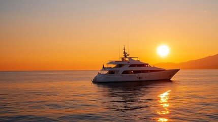 Obraz premium Luxury Yacht Sailing in the Ocean During Sunset With Golden Sky and Calm Waters