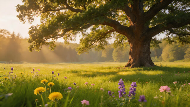 Large tree in a flowerfilled meadow