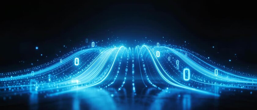 Abstract Graphic on Dark Background with Reflection, Wide Shot Concept of Data Flow