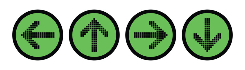 LED Arrow Direction Icons Set Vector Green Background, Pixel Arrows Left Right Up Down in Circular Signs for Traffic Systems, Navigation Interfaces and Digital Displays © Creative Monkey