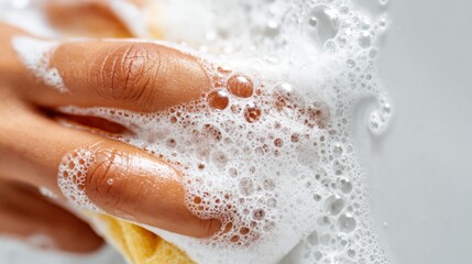 Fototapeta premium Person Cleans a Surface With a Soapy Sponge in a Bright Area During Daytime