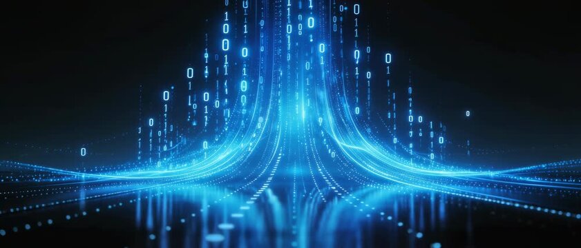Abstract Visualization of Data Flow & Technology in a Futuristic Dark Environment, Viewed from a Low Angle with Glowing Blue Light and Reflections on a Reflective Surface