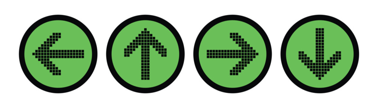 LED Arrow Direction Icons Set Vector Green Background, Pixel Arrows Left Right Up Down in Circular Signs for Traffic Systems, Navigation Interfaces and Digital Displays