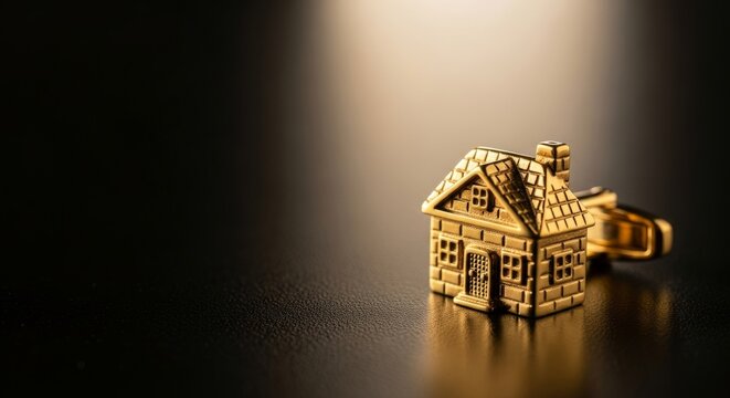 Golden house cufflink on dark surface with copy space