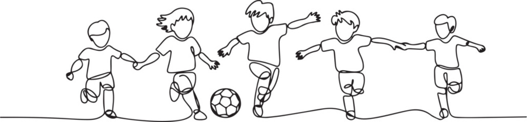 continuous line of children playing soccer happily. single line drawing for competition, soccer school, championship. one line Icon drawing © them