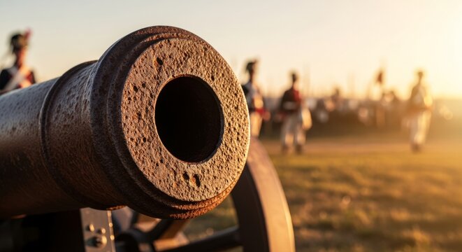 Rusty Cannon Muzzle in Golden Hour Light, Soldiers in Background