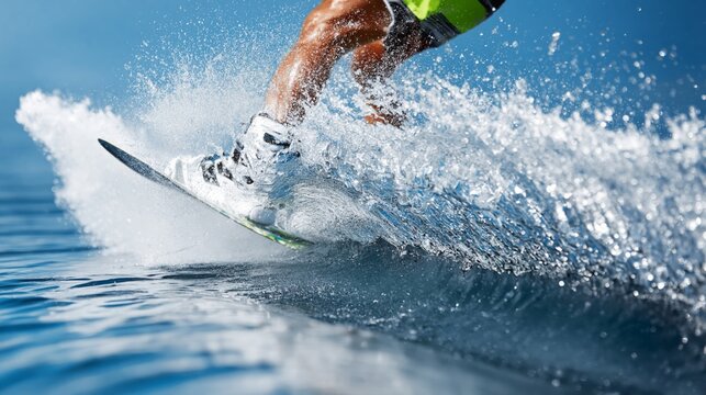 Person Rides a Wakeboard on Water While Creating Splashes in Bright Sunlight