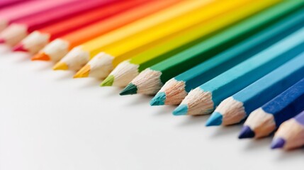 Obraz premium Colorful Pencils Arranged in a Row on a White Surface for Art and Drawing