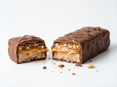 A layered chocolate candy bar featuring nougat, caramel, and crispy inclusions, displayed on a white background.