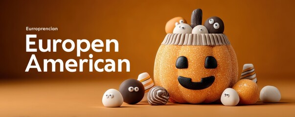 Naklejka premium Cute Halloween pumpkin with candy in a playful 3D illustration