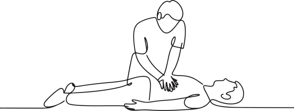 First emergency CPR on a person with a heart attack. CPR cardiac resuscitation of medical personnel. one line Icon drawing