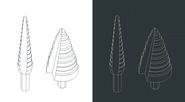Step drill bits set isometric blueprints