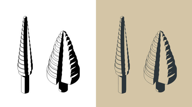 Step drill bits set isometric illustrations