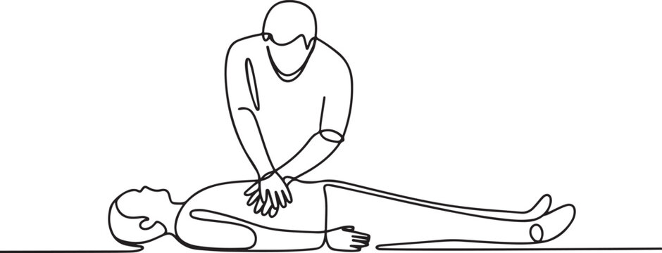 First emergency CPR on a person with a heart attack. CPR cardiac resuscitation of medical personnel. one line Icon drawing