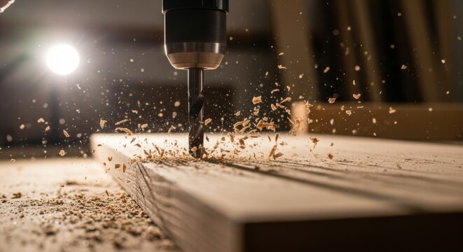 Drilling Wood in Workshop, Flying Wood Chips