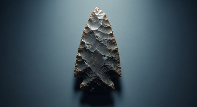 Stone Arrowhead Close-Up on Dark Blue Gradient Background