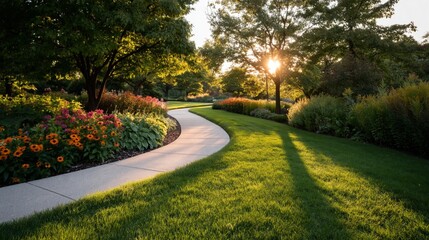 Obraz premium Sunset Light Shines Through Trees Along a Garden Path at a Public Park During Late Afternoon