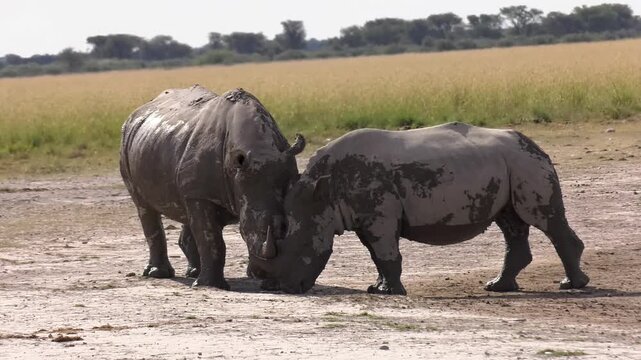 White Rhinoceros Adult and Calf Sparring in Open Savanna  interaction on flat, dry ground