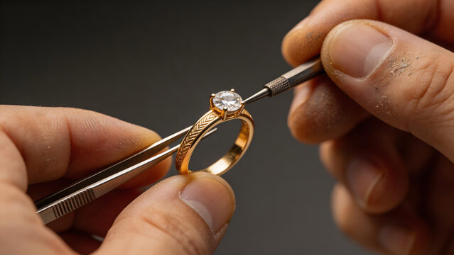 Gold ring with diamond being adjusted