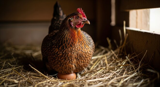 Hen Sitting on Egg in Cozy Straw Nest