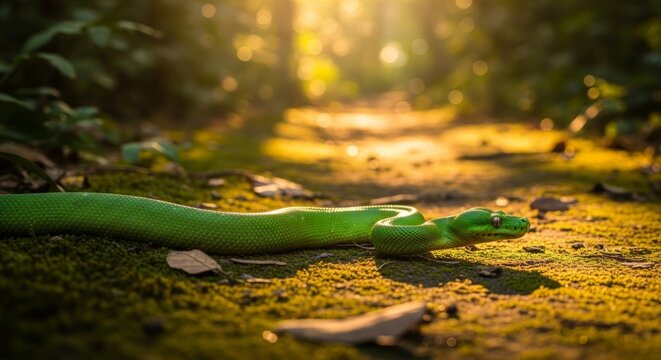 Green Snake Slithering on Mossy Forest Path at Golden Hour