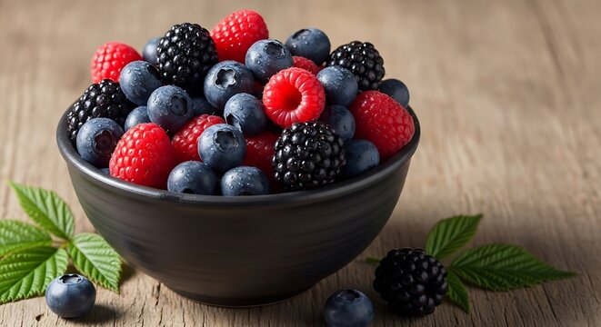 A dark bowl overflows with vibrant blueberries, raspberries, and blackberries