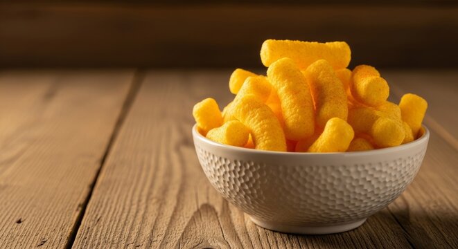 Corn Puffs Snack in White Bowl on Rustic Wood Table