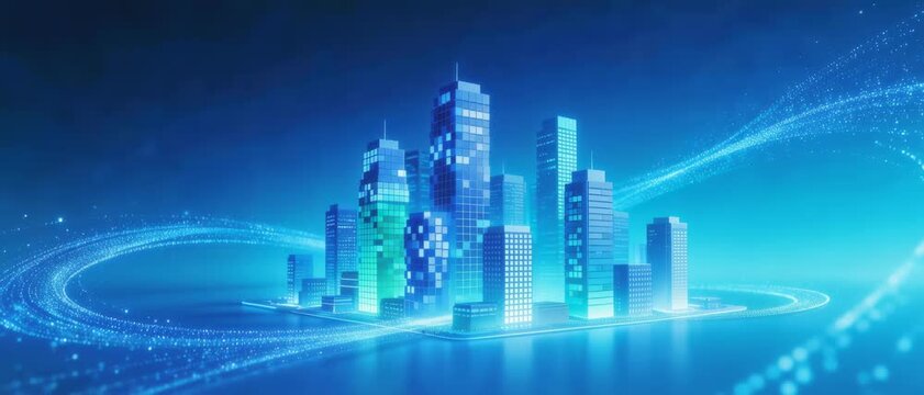 Abstract Digital Art from a Wide-Angle Viewpoint in a Nighttime Blue-Hued Technological Setting