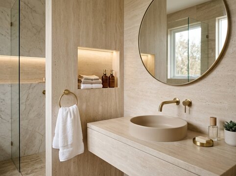 Side view of an elegant upscale bathroom with soft beige stone surfaces, a sink, mirror reflection, brass fixtures, towel, and