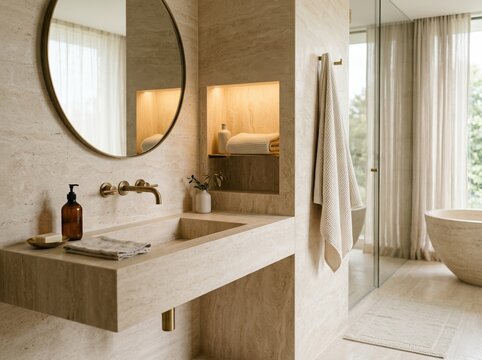 Side view of an elegant upscale bathroom with ivory stone surfaces, a sink, mirror reflection, brass fixtures, towel, and niche,