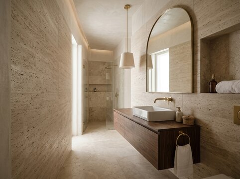 Side view of an elegant upscale bathroom with a high ceiling, stone surfaces, a sink, mirror reflection, brass fixtures, towel,
