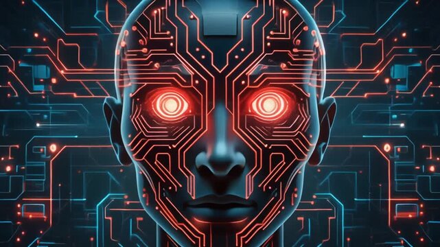 Futuristischer humanoider Roboter mit leuchtenden roten Augen und digitaler Schaltkreisstruktur