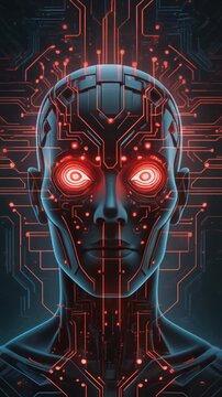 Futuristischer humanoider Roboter mit leuchtenden roten Augen und digitaler Schaltkreisstruktur