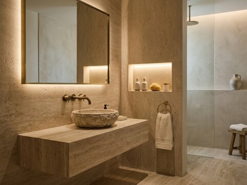 Side view of an elegant upscale bathroom highlighting subtle glow reflection, stone sink, mirror, brass fixtures, towel, and niche