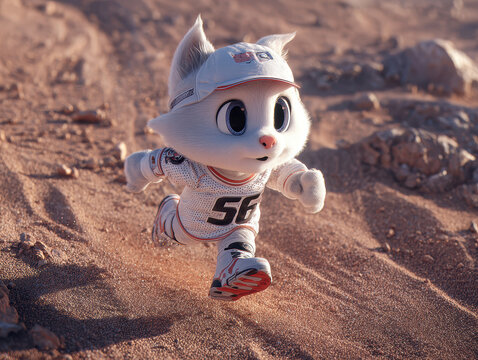 Running cat on Mars in a white marathon outfit, natural lighting, drone view Cat has black spots and wears an orange jersey number 52, black collar, and orange visor The background - AI-Generated