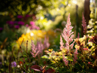 Obraz premium Sunny garden professional plant photography, diverse fresh plants arranged in an orderly manner, soft pink blur, natural light beam, morning light layering, flower cluster bokeh, Leica - AI-Generated