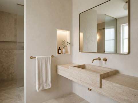 Side view of an elegant upscale bathroom with brushed brass fixtures, a stone sink, mirror reflection, towel, and niche, all