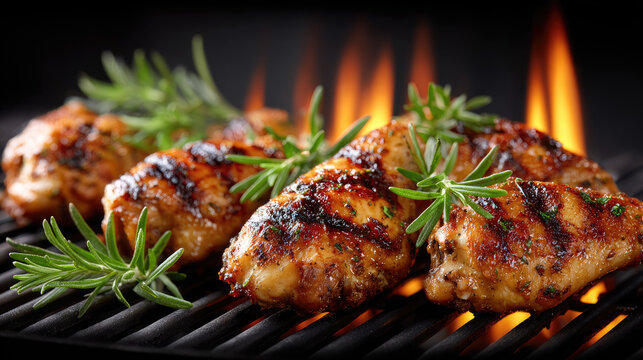 Chicken wings cooking on a barbecue grill grate, presenting a savory meat meal with crispy skin, fresh rosemary, and red peppercorns being prepared over flames